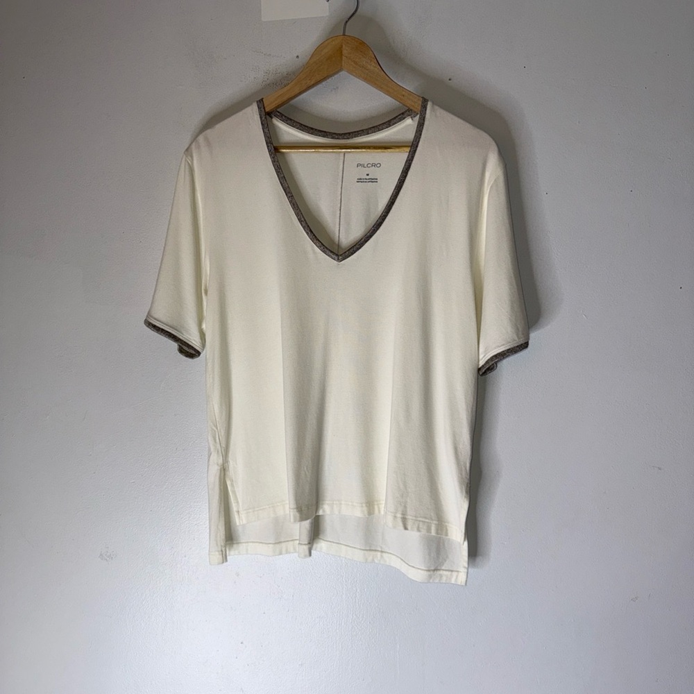 Pilcro‎ Deep V Neck Tshirt In Cream Silver Trim Medium